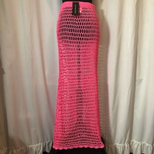 Neon Pink Crochet Maxi Skirt Cover Up Size L (NWT)